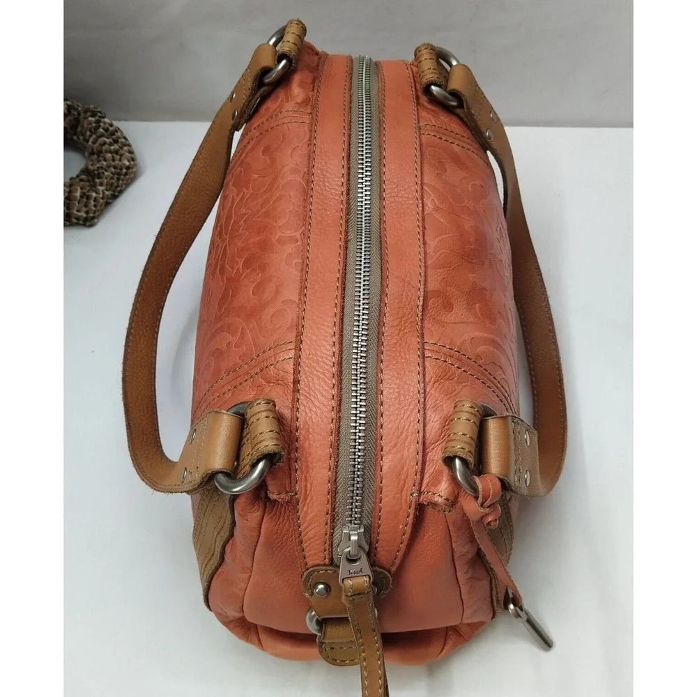 Fossil Orange Leather Floral Double Handles Zipper Closure Satchel Shoulder Bag